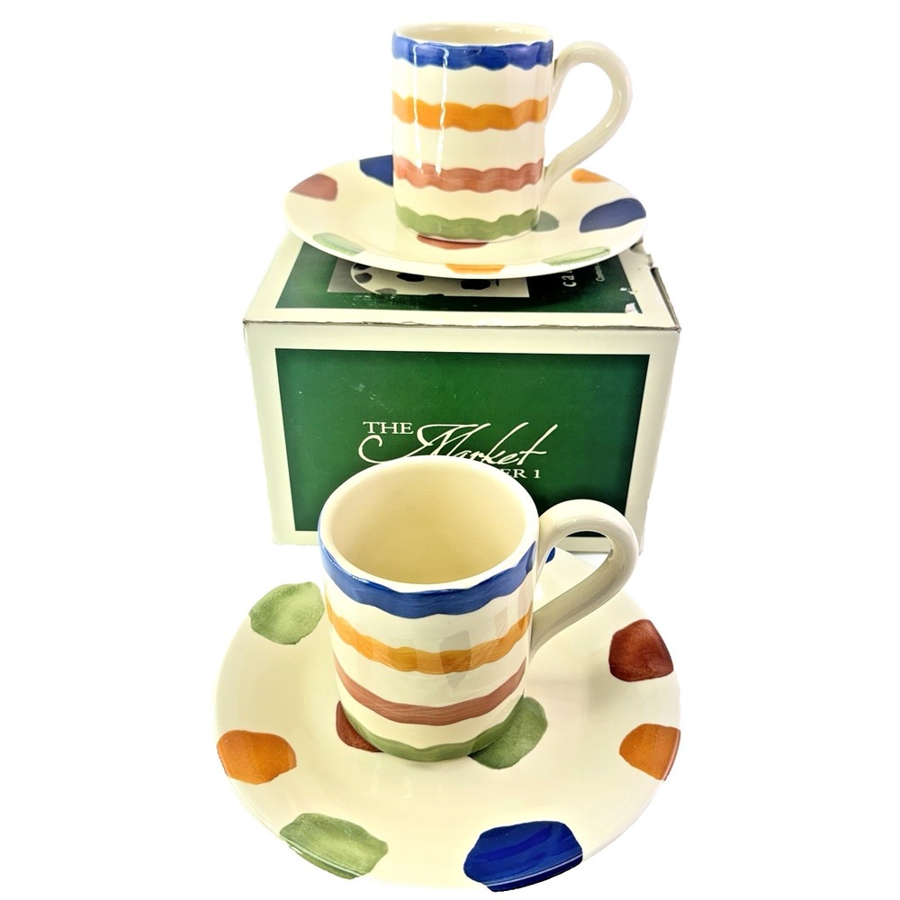 Pier 1 Italy Handpainted Stripe Polka Dot Cafe For Two Mug Plate Set Box Rare